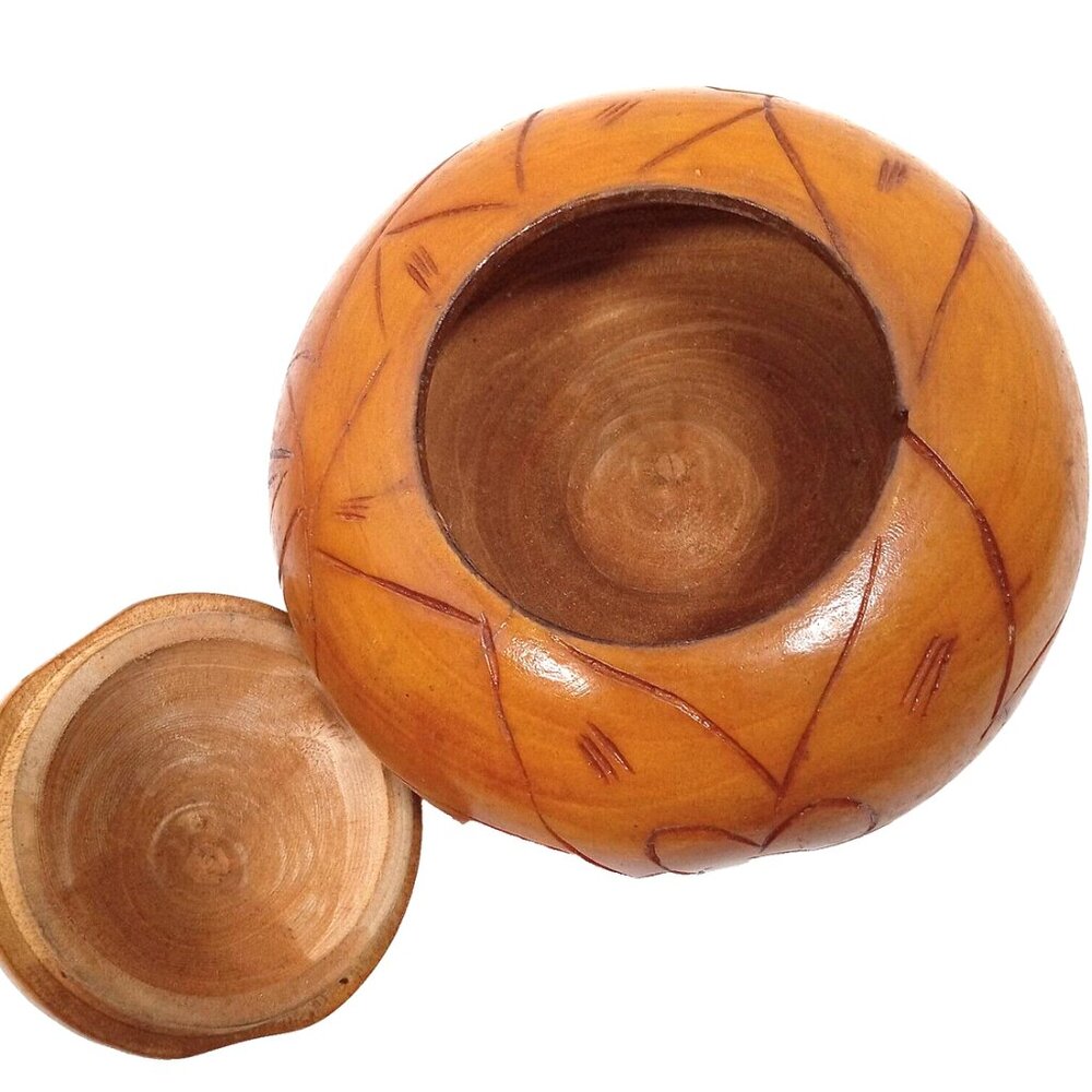 Hand Carved Wood Trinket Nic Nack Bowl Dish with Lid